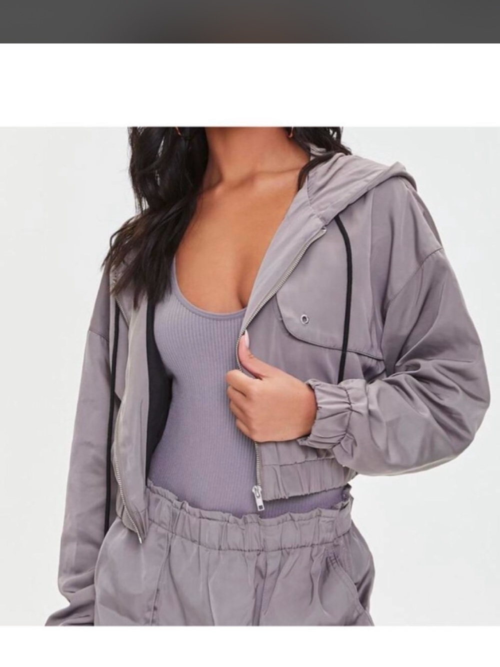 Forever 21 Cropped Hooded Bomber Jacket in Dusty Lavender